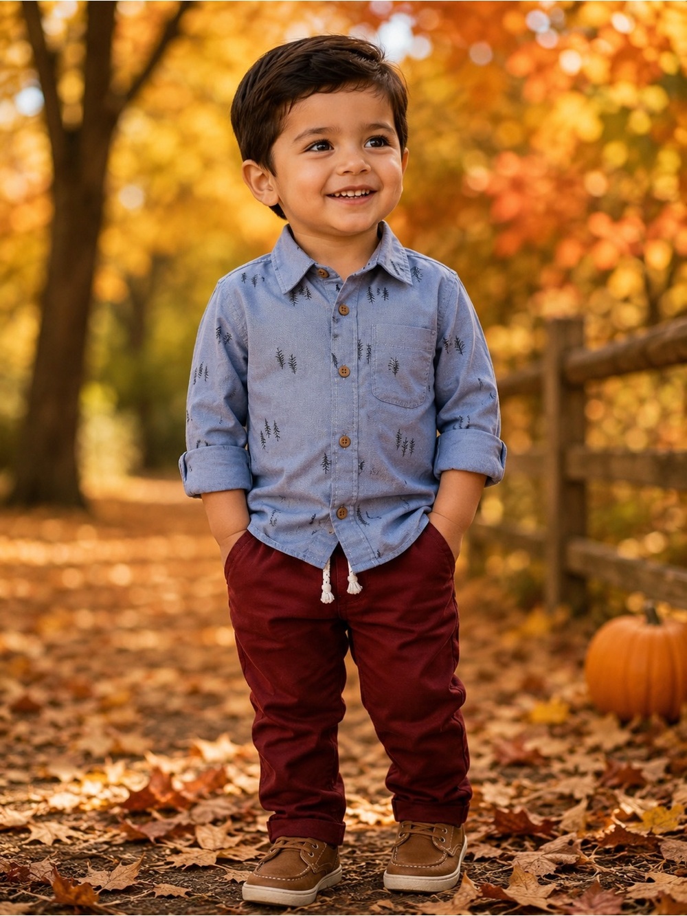 Oshkosh Blue Button-Up Shirt with Tiny Tree Print